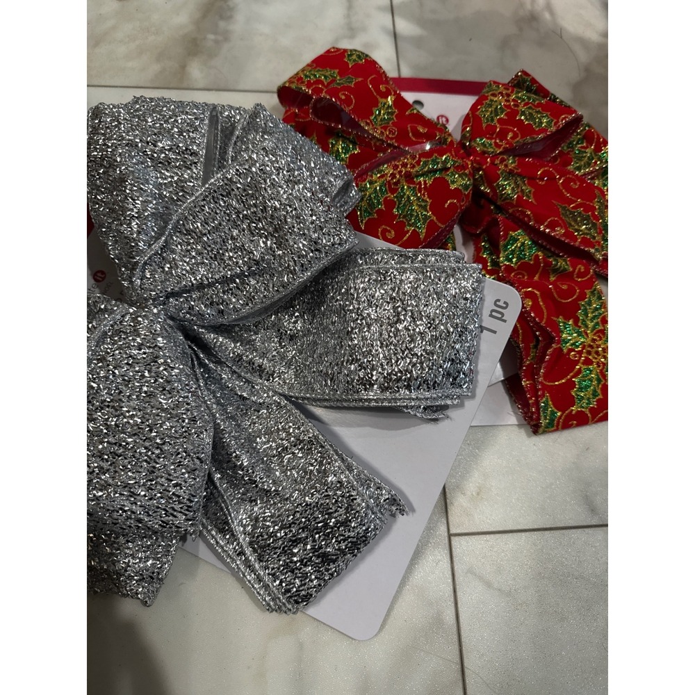 Celebrate It Christmas Tree Bows Set of 2 Silver Shimmer and Red Holly Glitter